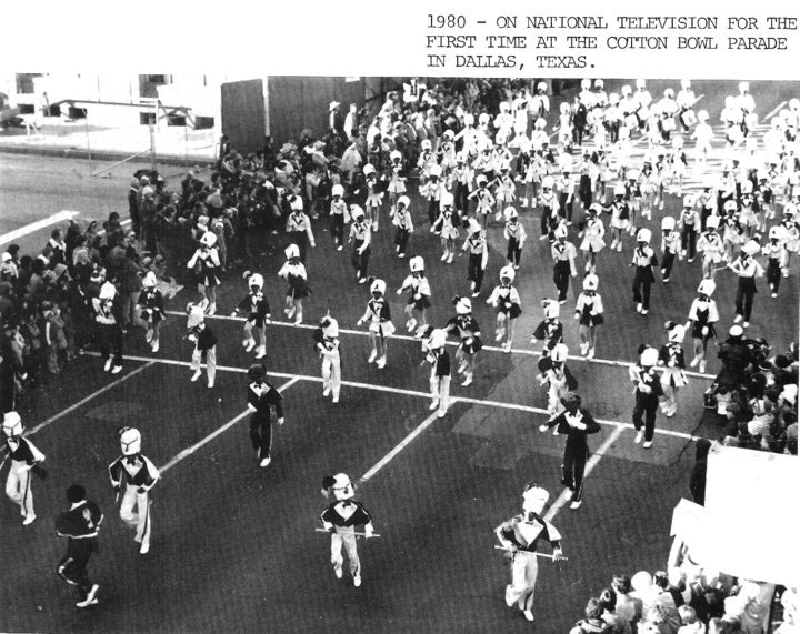 The Marching Cobras in their first televised performance, the 1980 Cotton Bowl Parade.