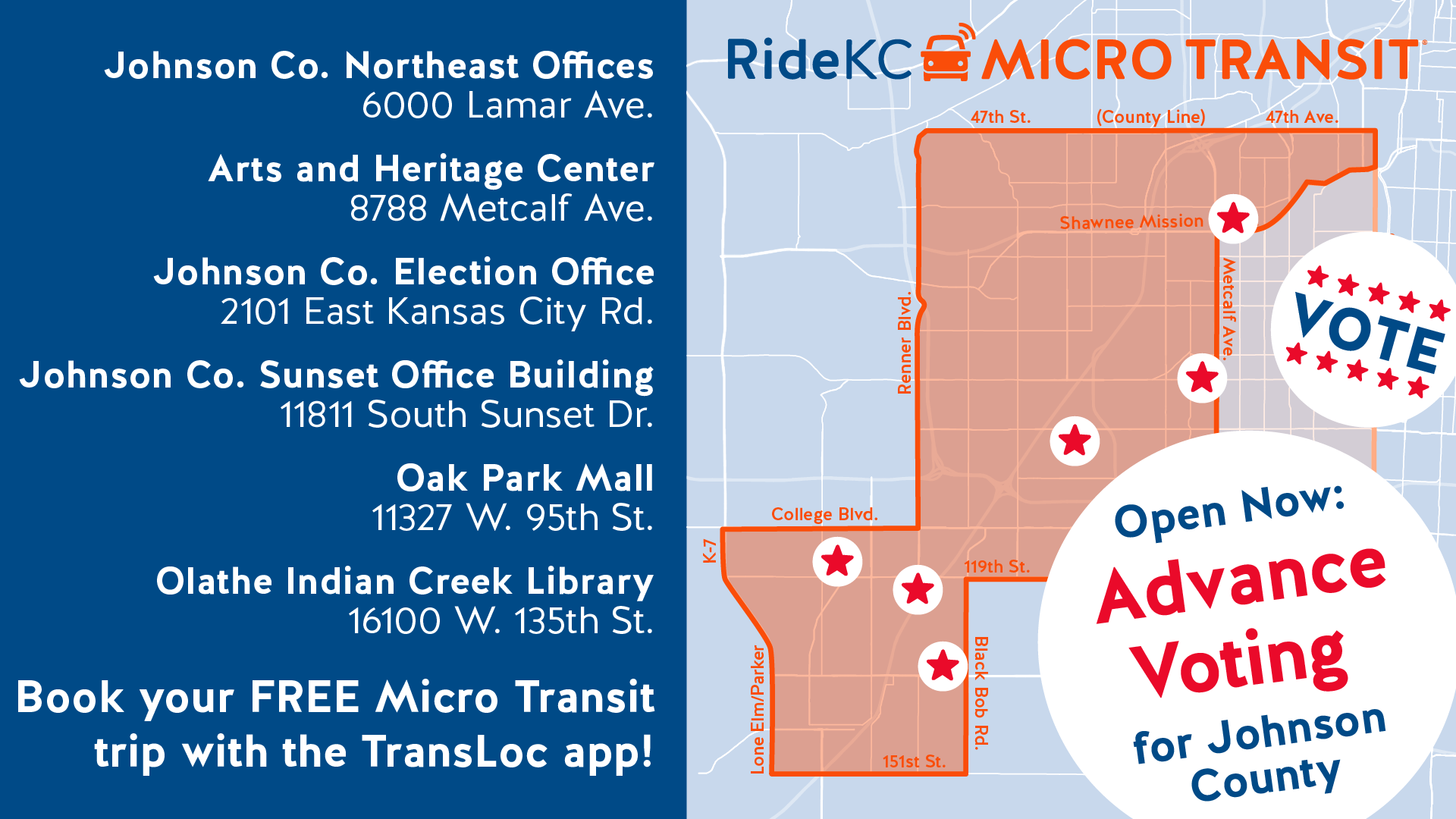 Johnson County advance voting locations accessible by 499 Micro Transit